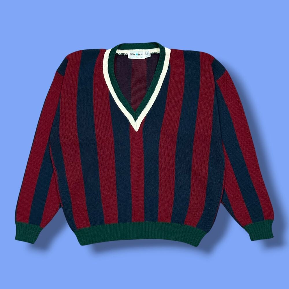 Vintage Golf Sweater Vertical Striped Vneck Pullover Jumper Ribbed Acrylic XL